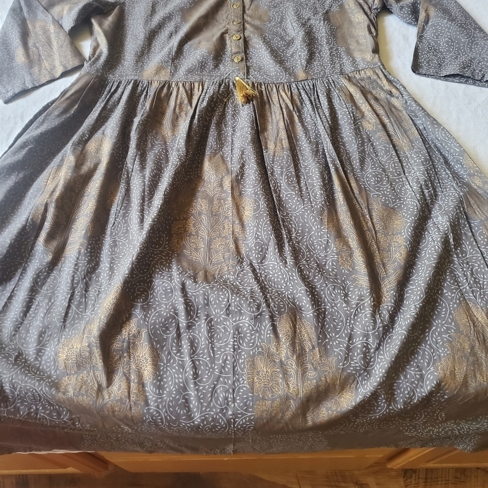 Melange Lifestyle Blue Gold Block Print Viscose Maxi Dress Tassel Pockets XL - Picture 7 of 13